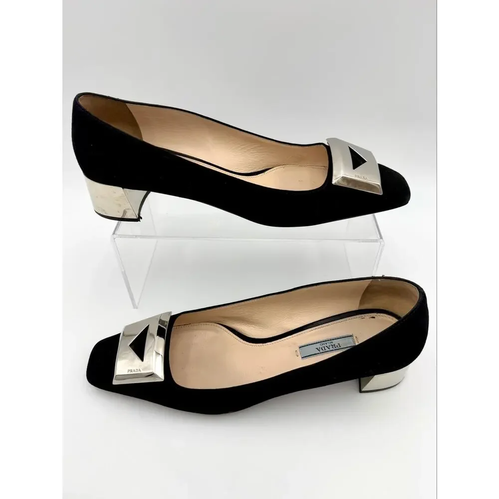 Prada Square Toe Pumps Black Suede Size 39.5 / 9.5 Metal Buckle Logo